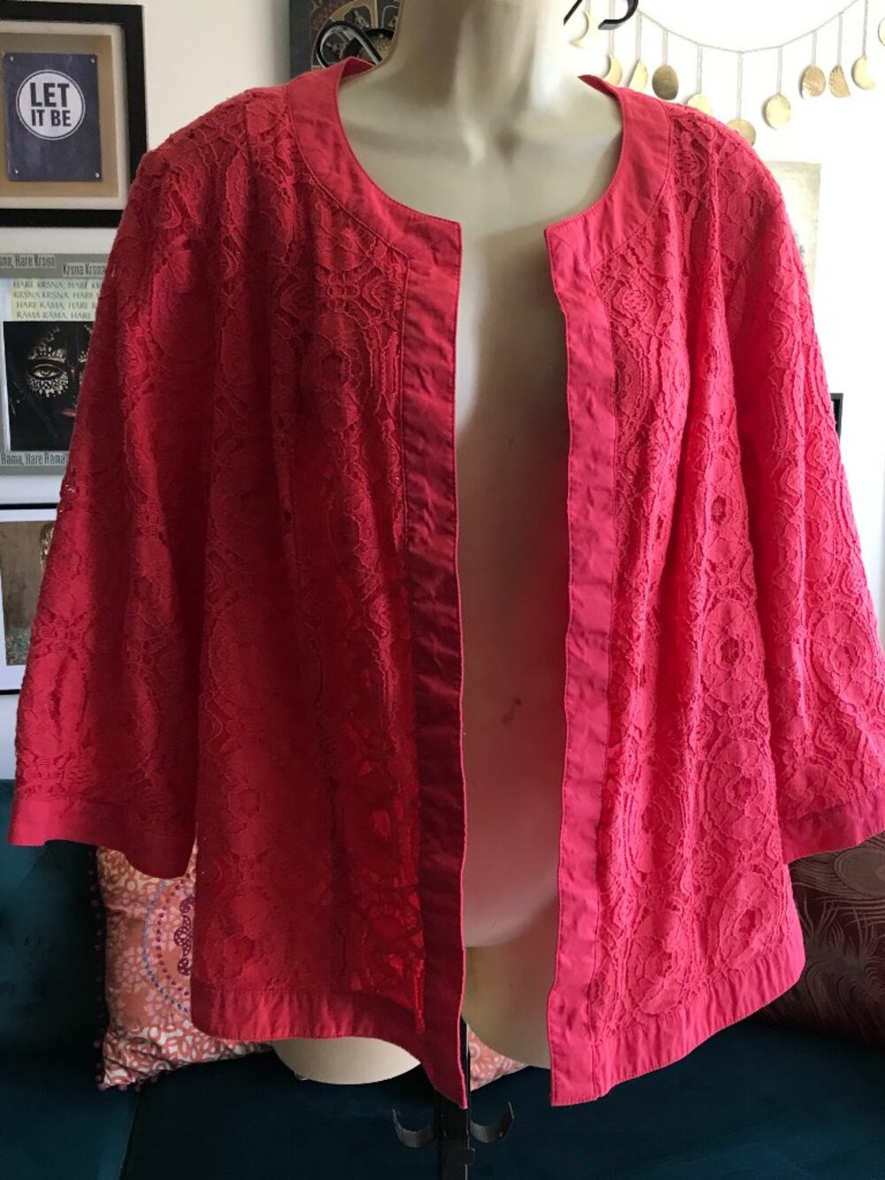 CJ BANKS size 1X Coral Crochet Lace Open Front Jacket 3/4 Sleeve